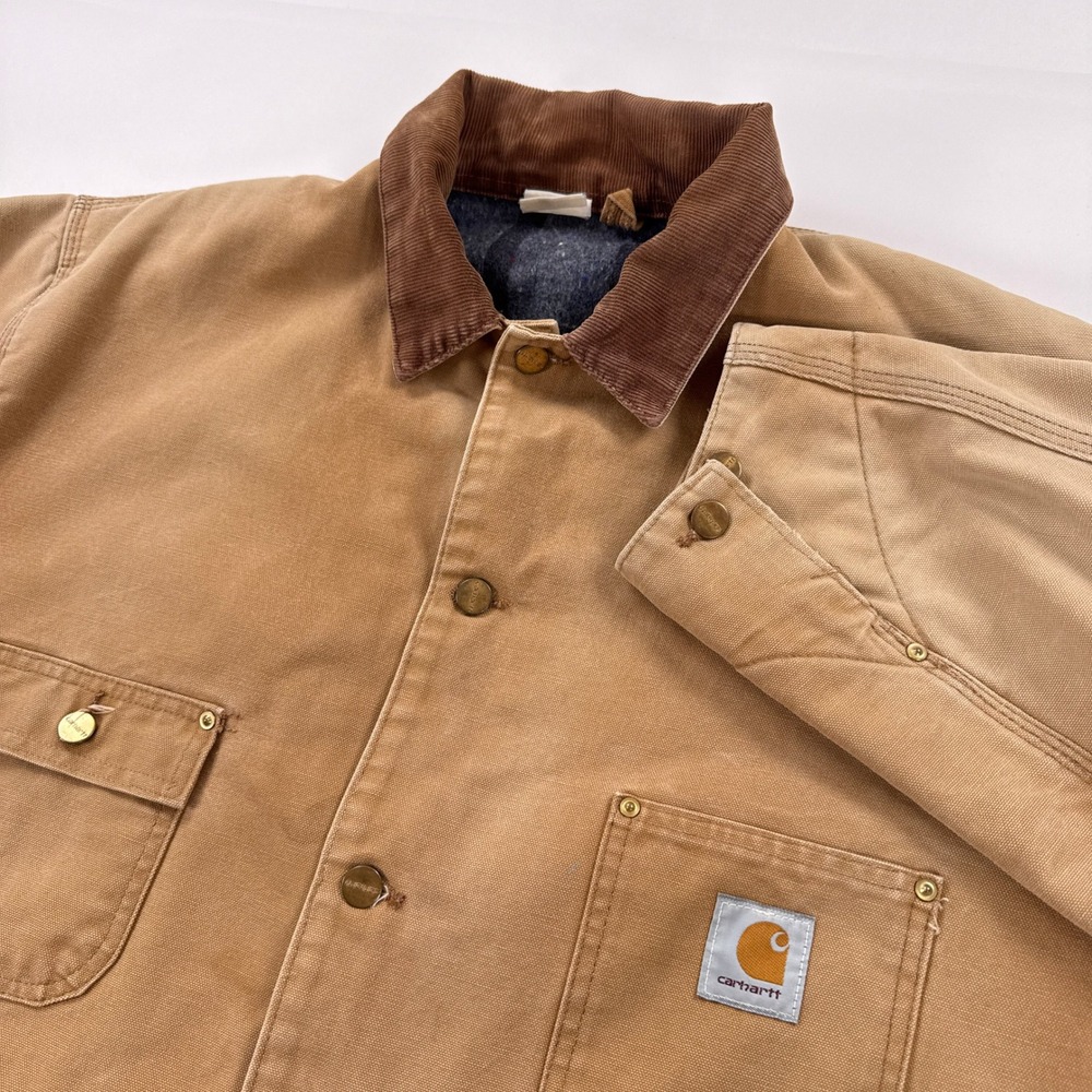Carhartt Mens Chore Coat XL Tan Duck Canvas Blanket Lined Button Up Work Jacket